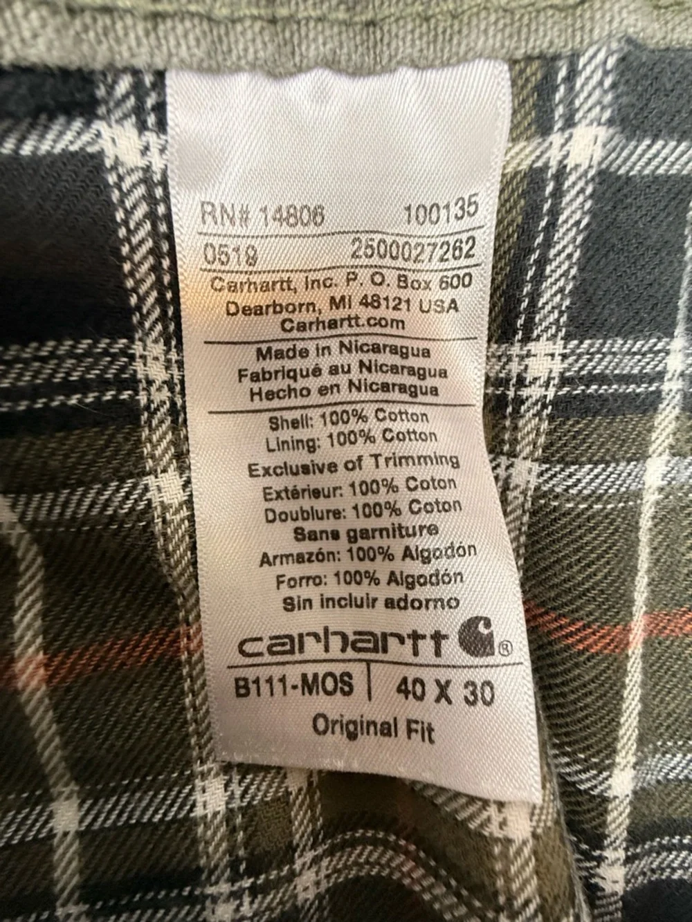 Carhartt B111 MOS Flannel Lined Pants Men 40x30 Green Duck Canvas Original Fit